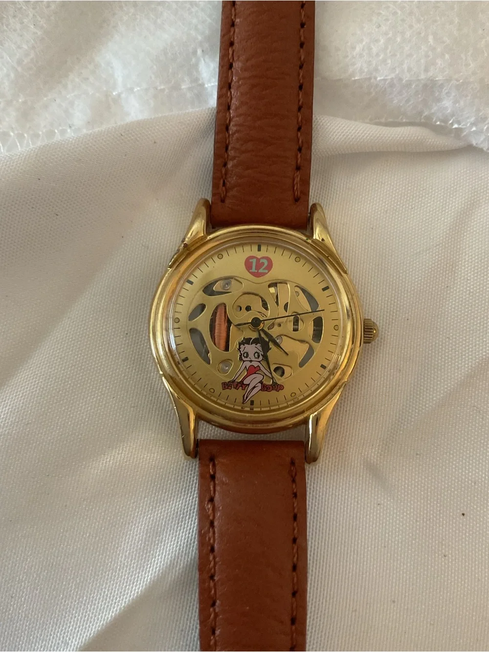 Betty Boop Gold Tone Mechanical Watch with Brown Leather Strap Never Used